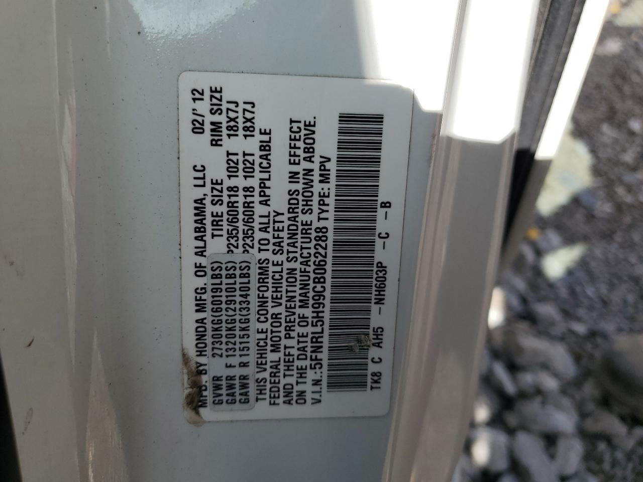 2012 Honda Odyssey Touring VIN: 5FNRL5H99CB062288 Lot: 61308634