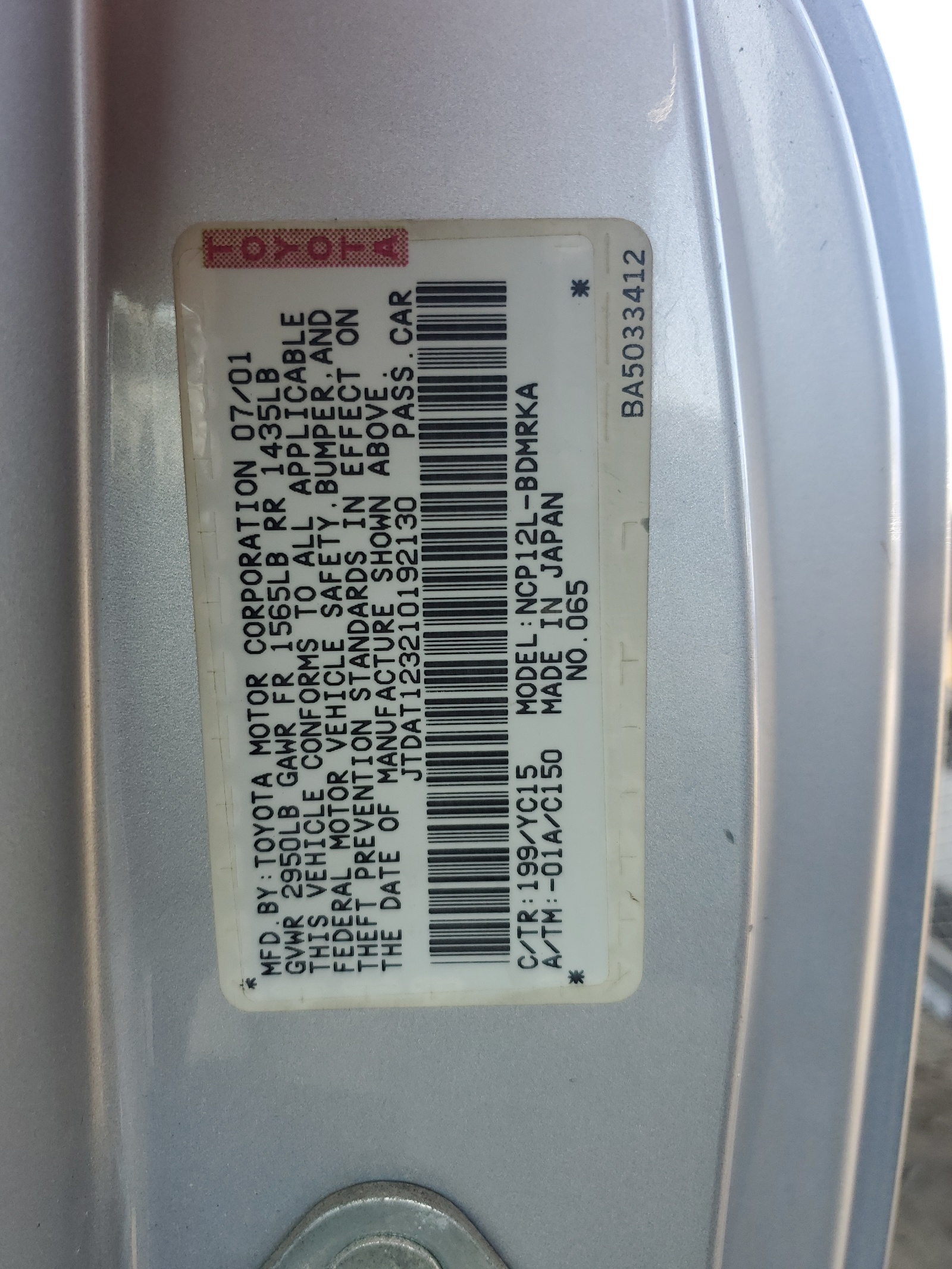 JTDAT123210192130 2001 Toyota Echo