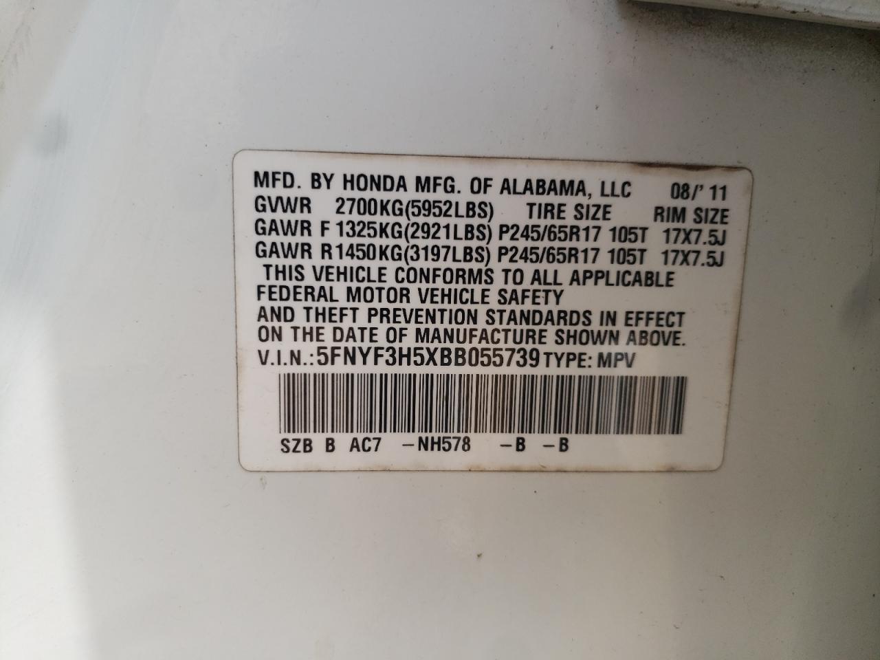 2011 Honda Pilot Exl VIN: 5FNYF3H5XBB055739 Lot: 64569624