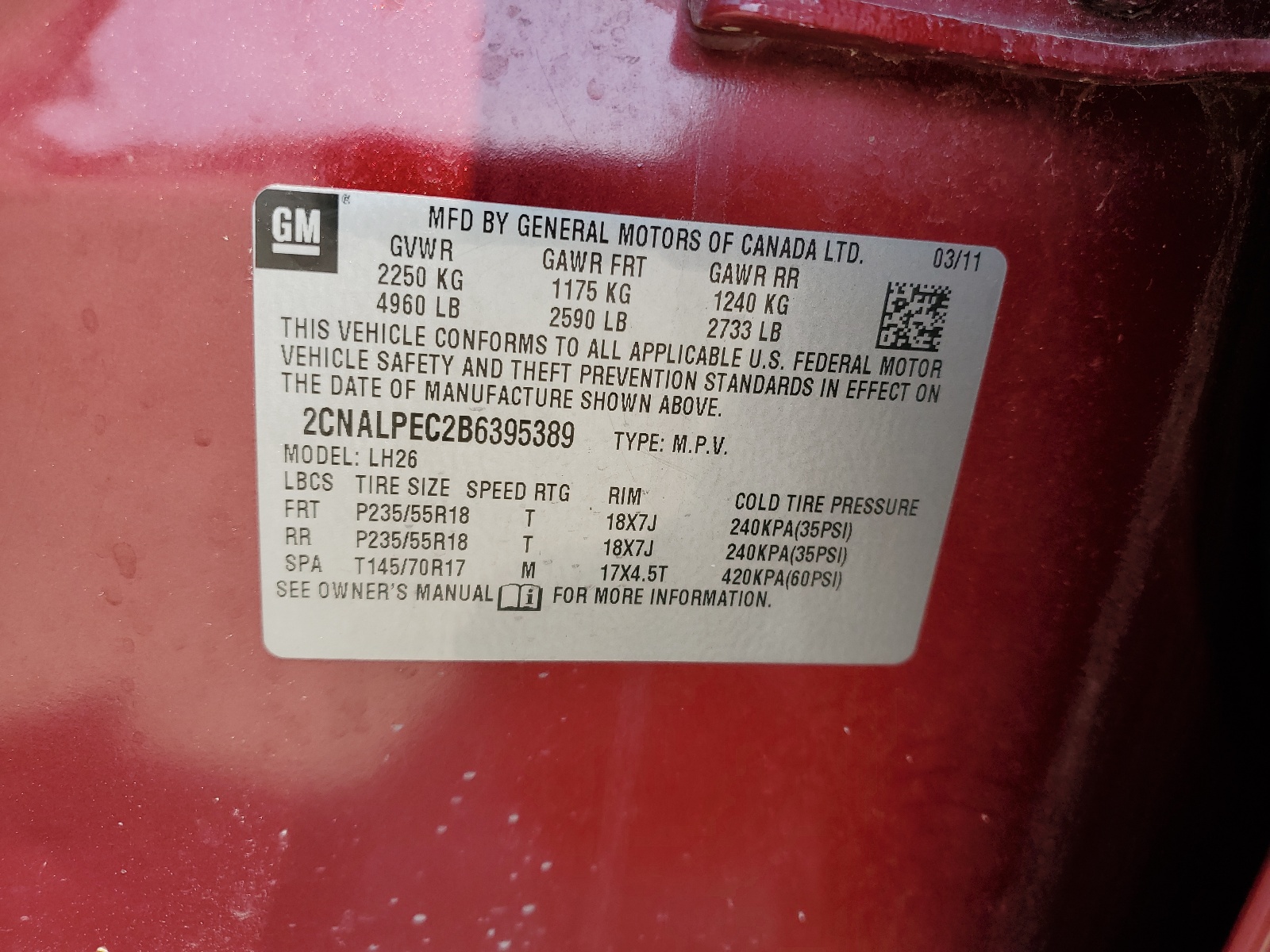 2CNALPEC2B6395389 2011 Chevrolet Equinox Lt