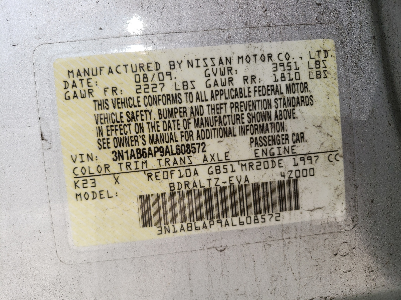 3N1AB6AP9AL608572 2010 Nissan Sentra 2.0