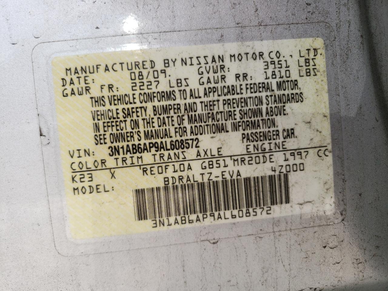 2010 Nissan Sentra 2.0 VIN: 3N1AB6AP9AL608572 Lot: 61074454