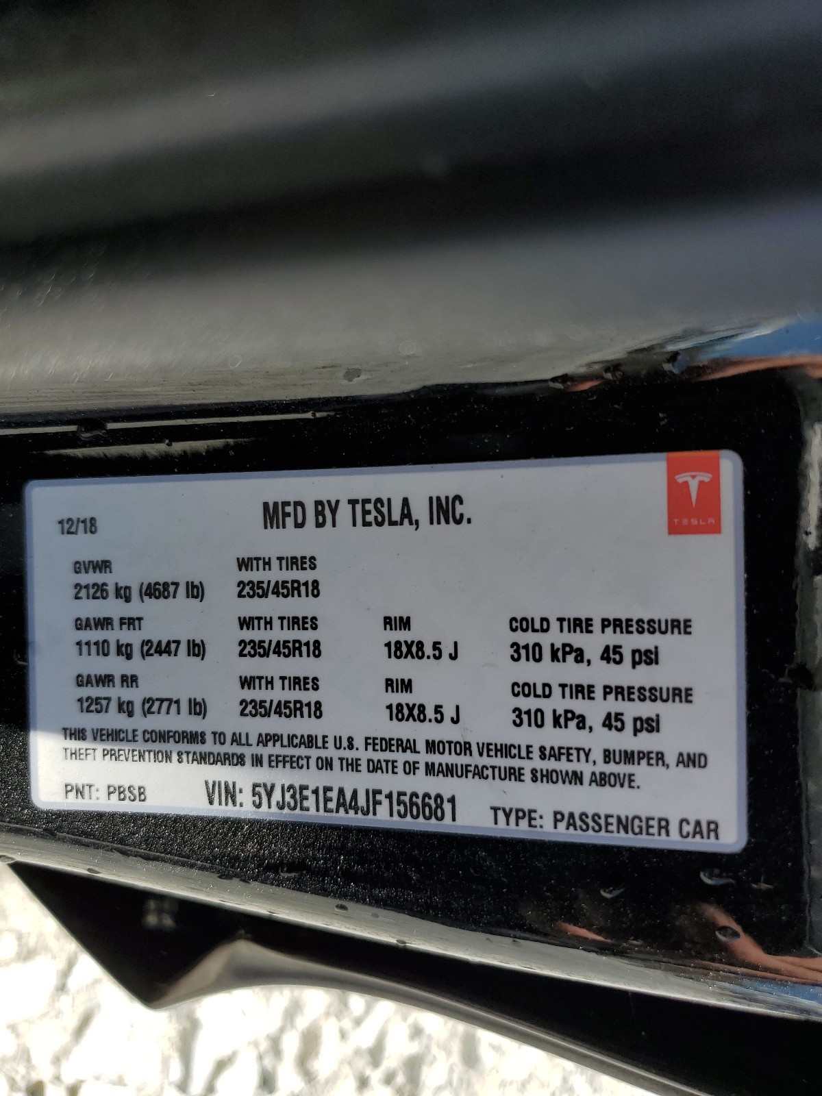 5YJ3E1EA4JF156681 2018 Tesla Model 3