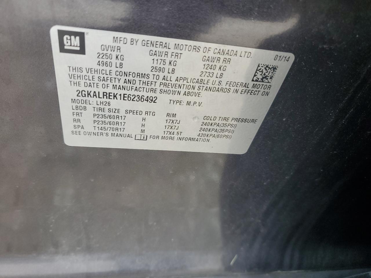 2014 GMC Terrain Sle VIN: 2GKALREK1E6236492 Lot: 63699184