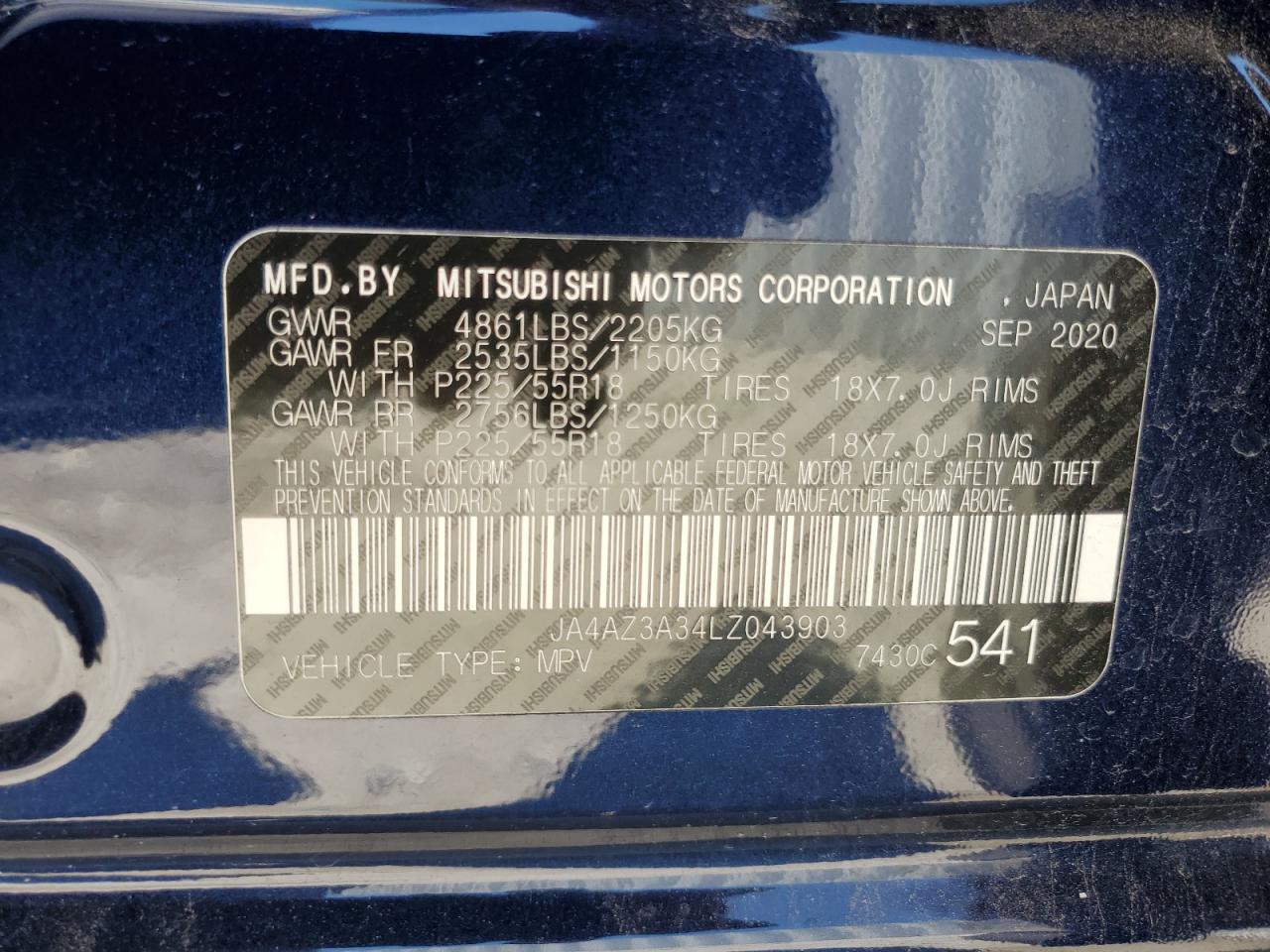 2020 Mitsubishi Outlander Se VIN: JA4AZ3A34LZ043903 Lot: 63430464