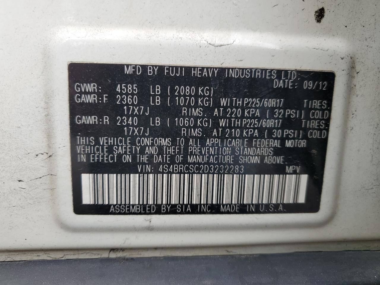 2013 Subaru Outback 2.5I Limited VIN: 4S4BRCSC2D3232283 Lot: 63204864