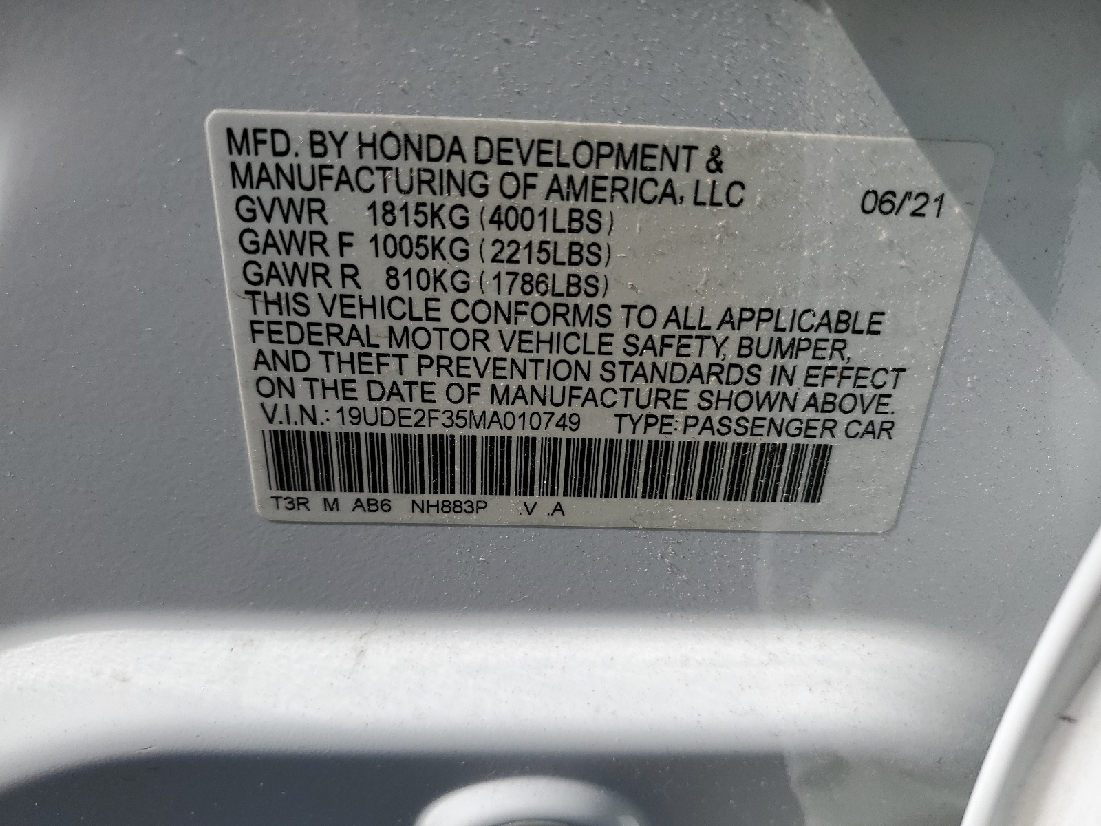 19UDE2F35MA010749 2021 Acura Ilx