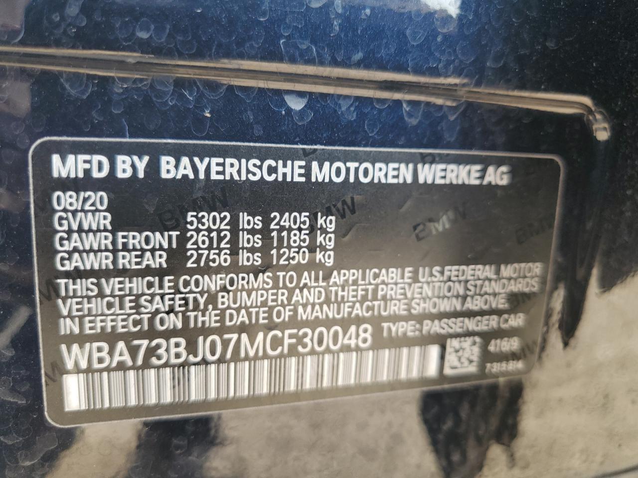 2021 BMW 540 Xi VIN: WBA73BJ07MCF30048 Lot: 64712334