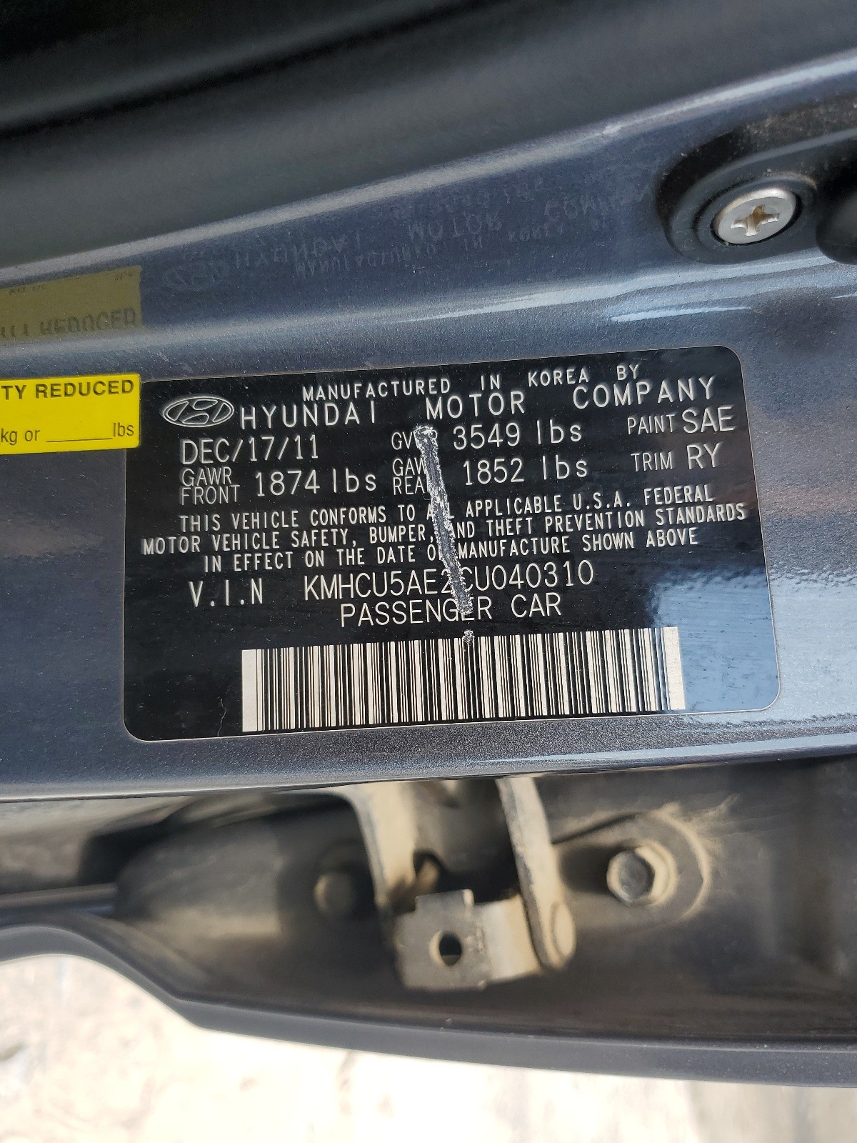 KMHCU5AE2CU040310 2012 Hyundai Accent Gls