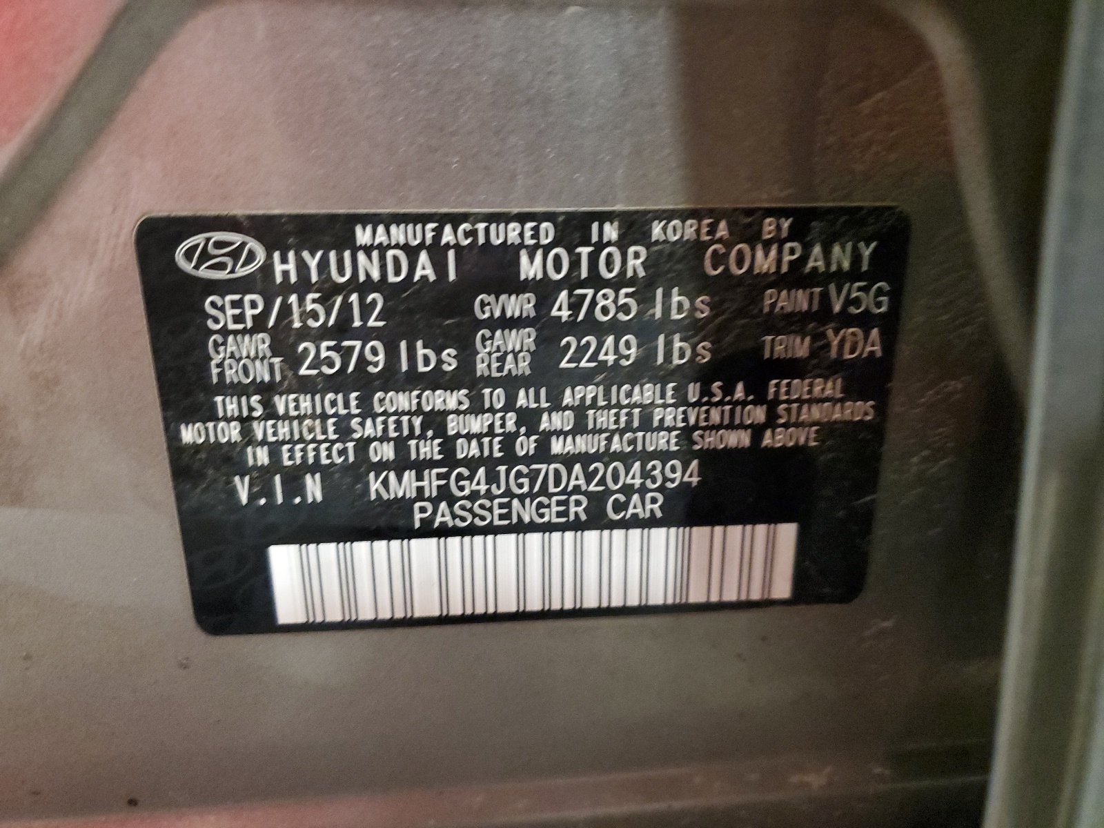 KMHFG4JG7DA204394 2013 Hyundai Azera