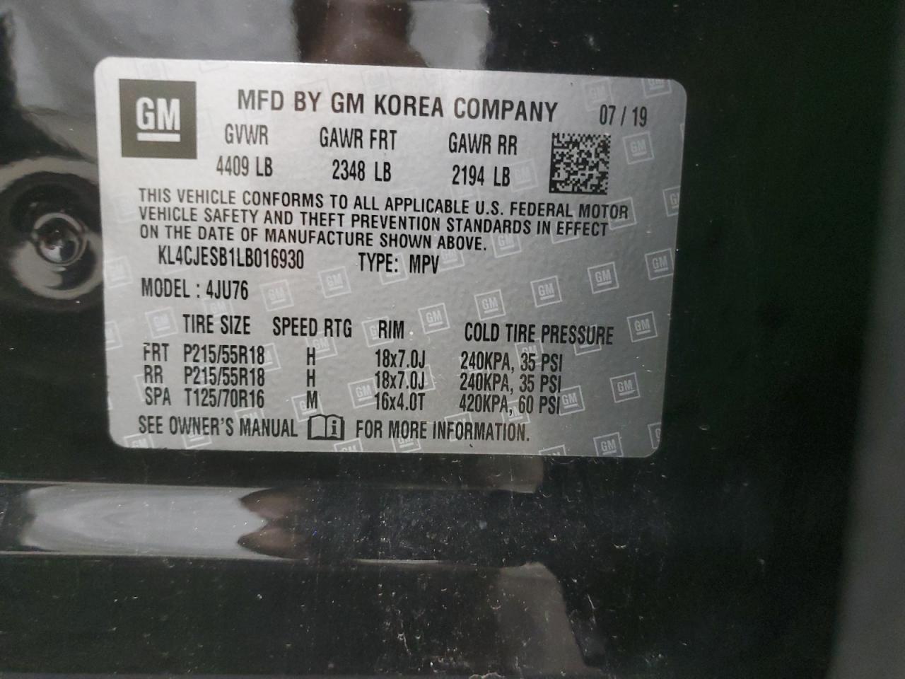 2020 Buick Encore Preferred VIN: KL4CJESB1LB016930 Lot: 64075064