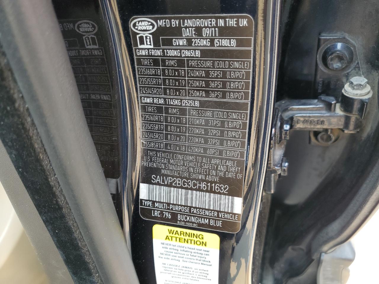 2012 Land Rover Range Rover Evoque Pure Plus VIN: SALVP2BG3CH611632 Lot: 64957604