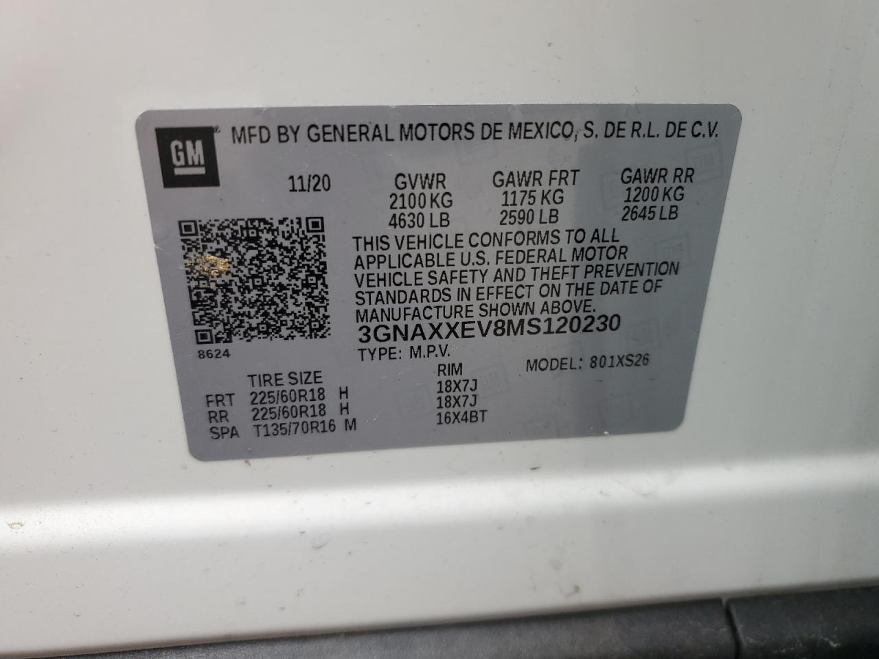 2021 Chevrolet Equinox Premier VIN: 3GNAXXEV8MS120230 Lot: 61985714