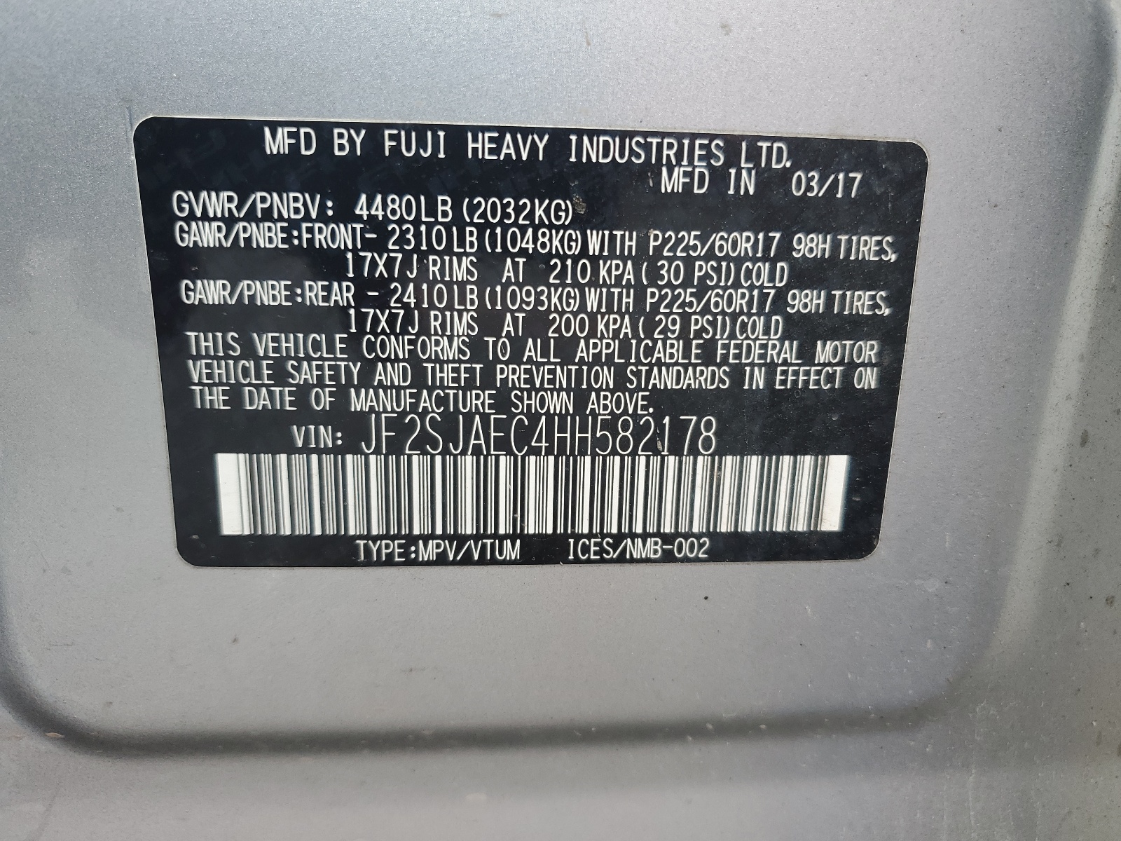 JF2SJAEC4HH582178 2017 Subaru Forester 2.5I Premium