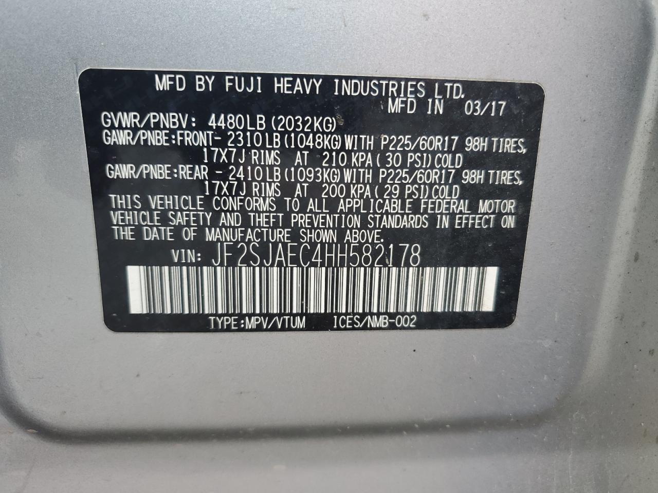 2017 Subaru Forester 2.5I Premium VIN: JF2SJAEC4HH582178 Lot: 62616314