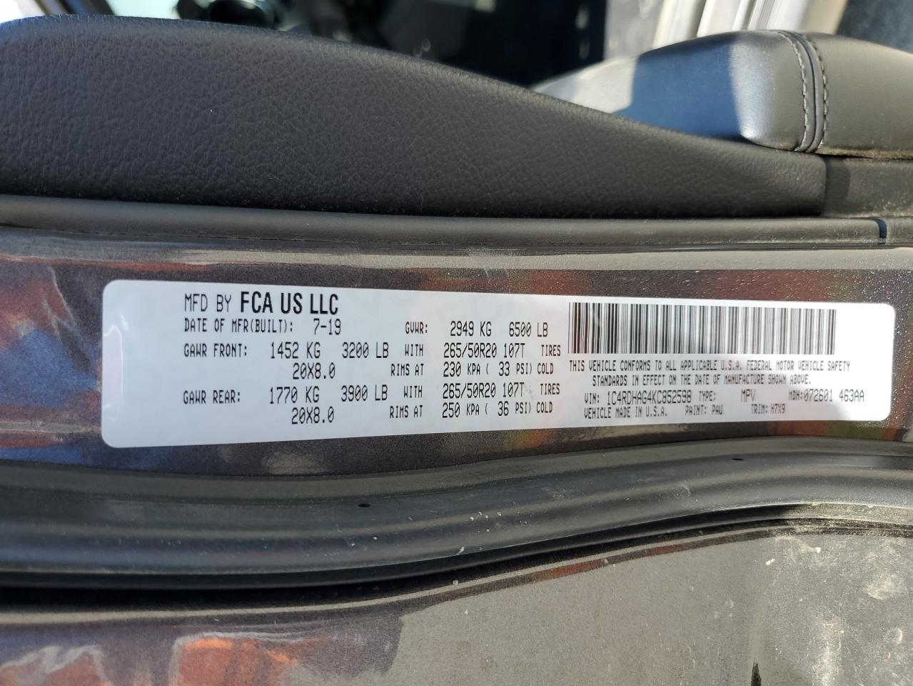 2019 Dodge Durango Sxt VIN: 1C4RDHAG4KC852598 Lot: 63457154