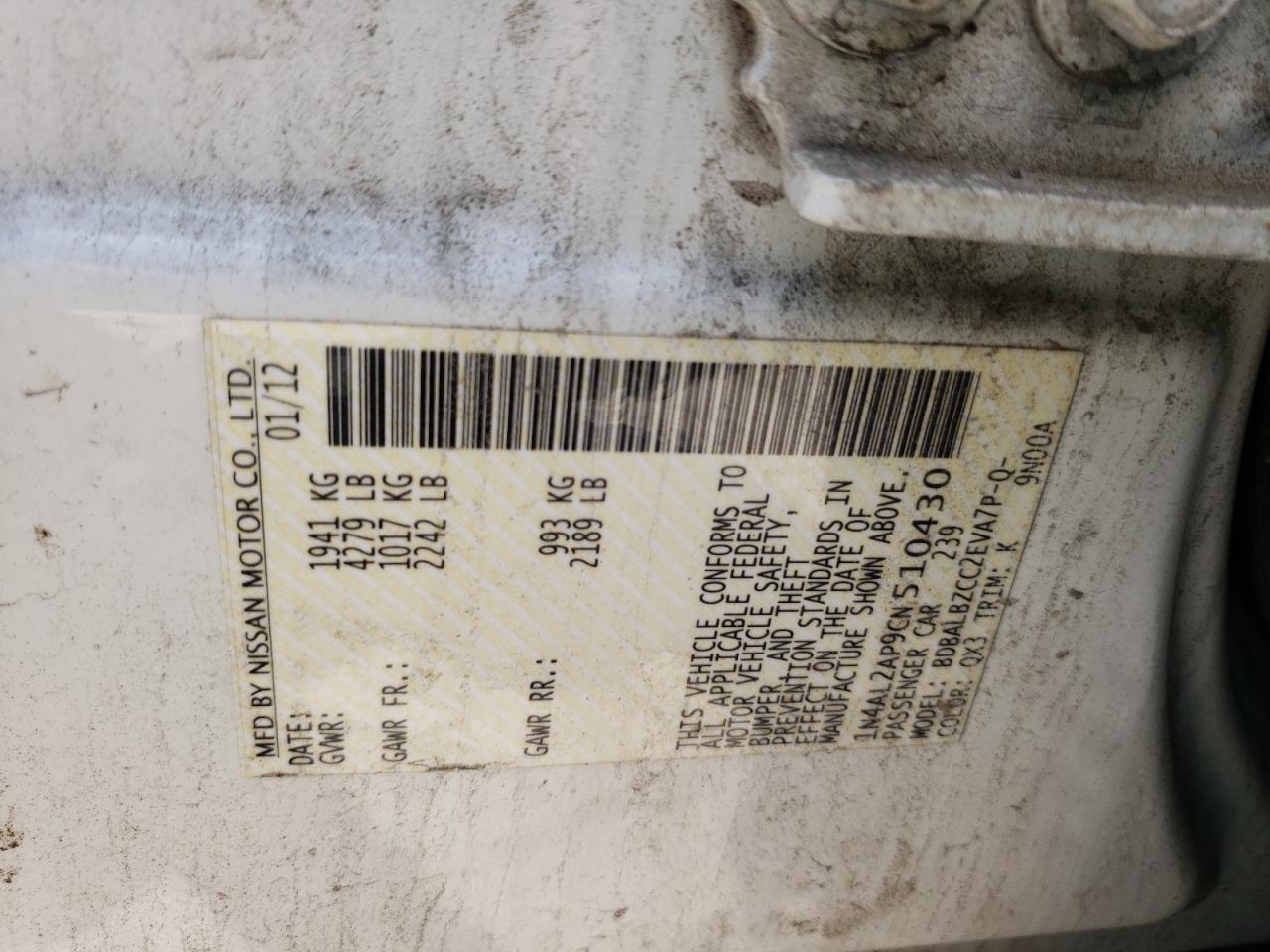 2012 Nissan Altima Base VIN: 1N4AL2AP9CN510430 Lot: 61712334