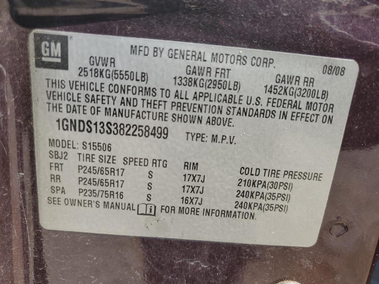 2008 Chevrolet Trailblazer Ls VIN: 1GNDS13S382258499 Lot: 62991674