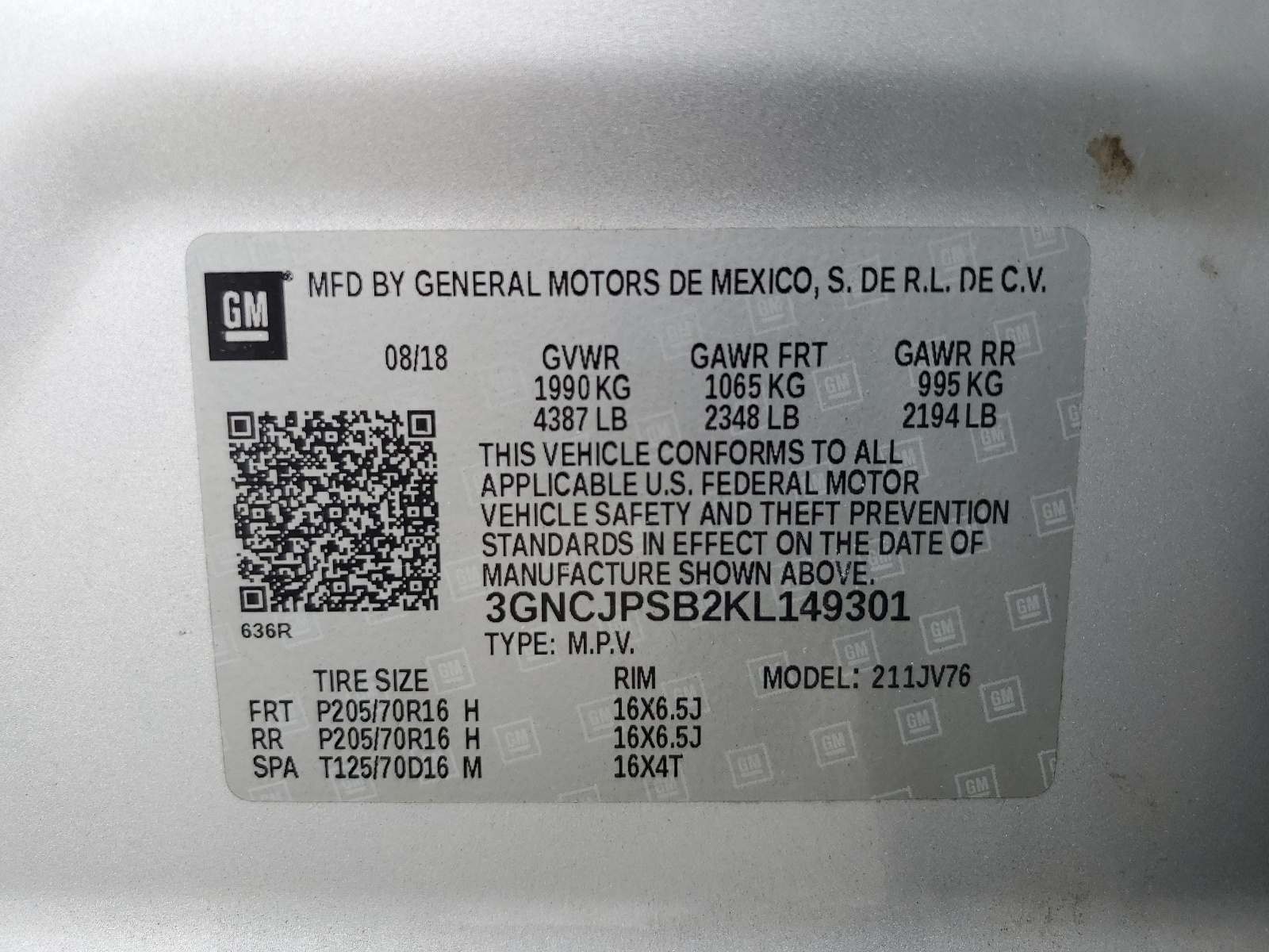 3GNCJPSB2KL149301 2019 Chevrolet Trax 1Lt