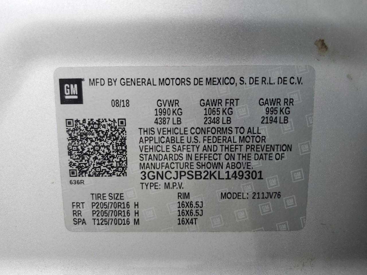 2019 Chevrolet Trax 1Lt VIN: 3GNCJPSB2KL149301 Lot: 61565084