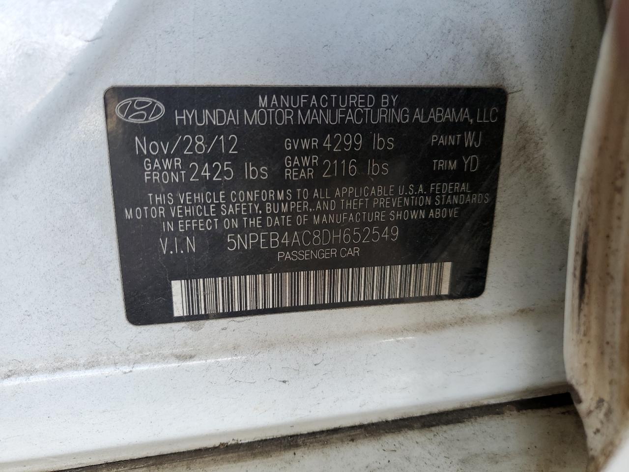 2013 Hyundai Sonata Gls VIN: 5NPEB4AC8DH652549 Lot: 63543474