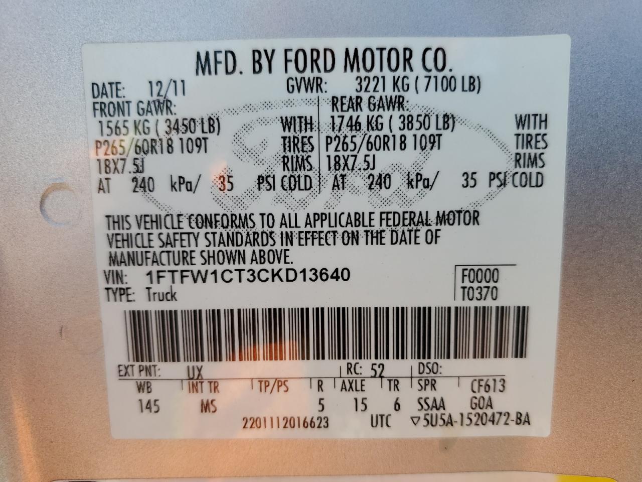 1FTFW1CT3CKD13640 2012 Ford F150 Supercrew