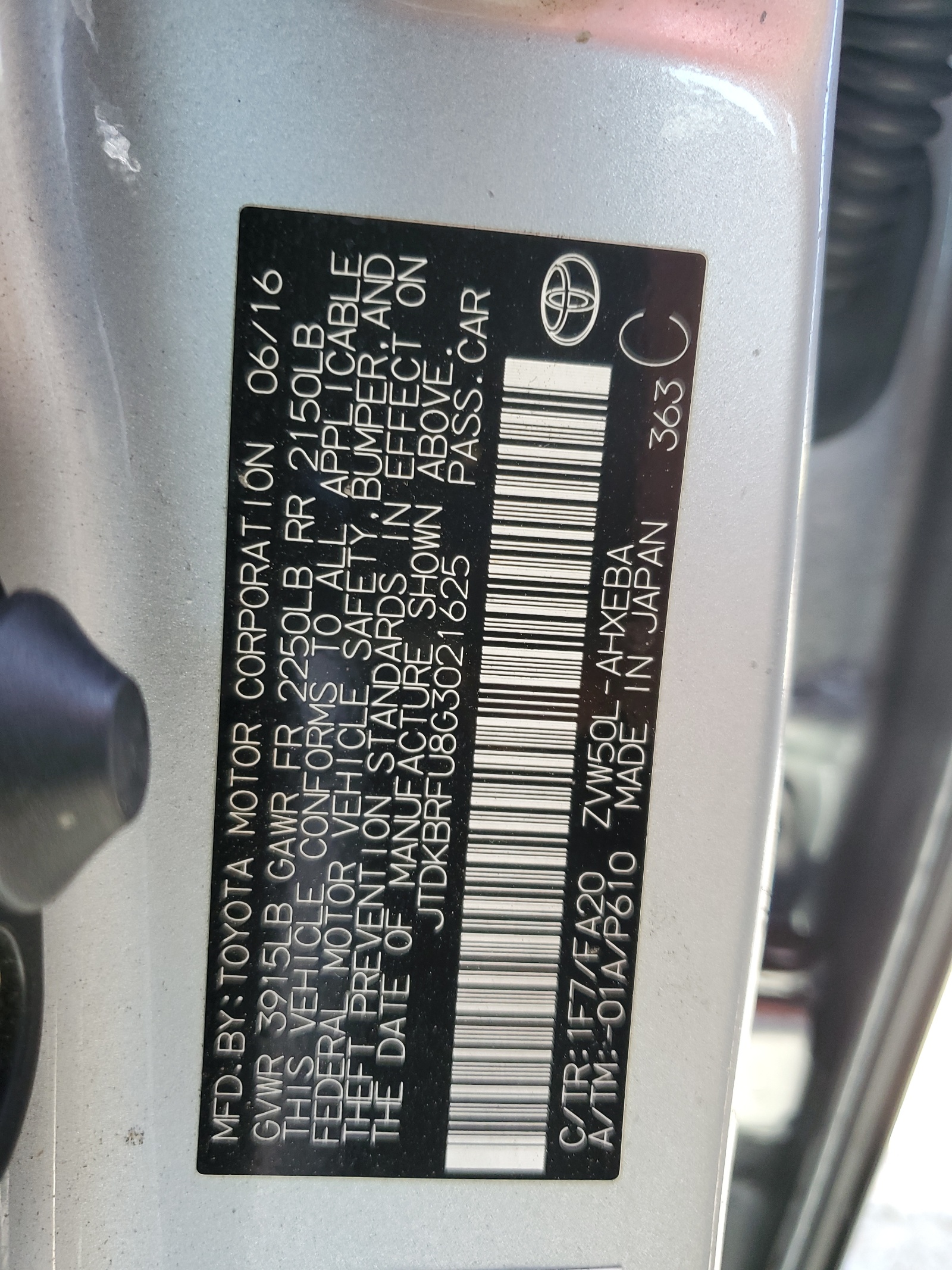 JTDKBRFU8G3021625 2016 Toyota Prius