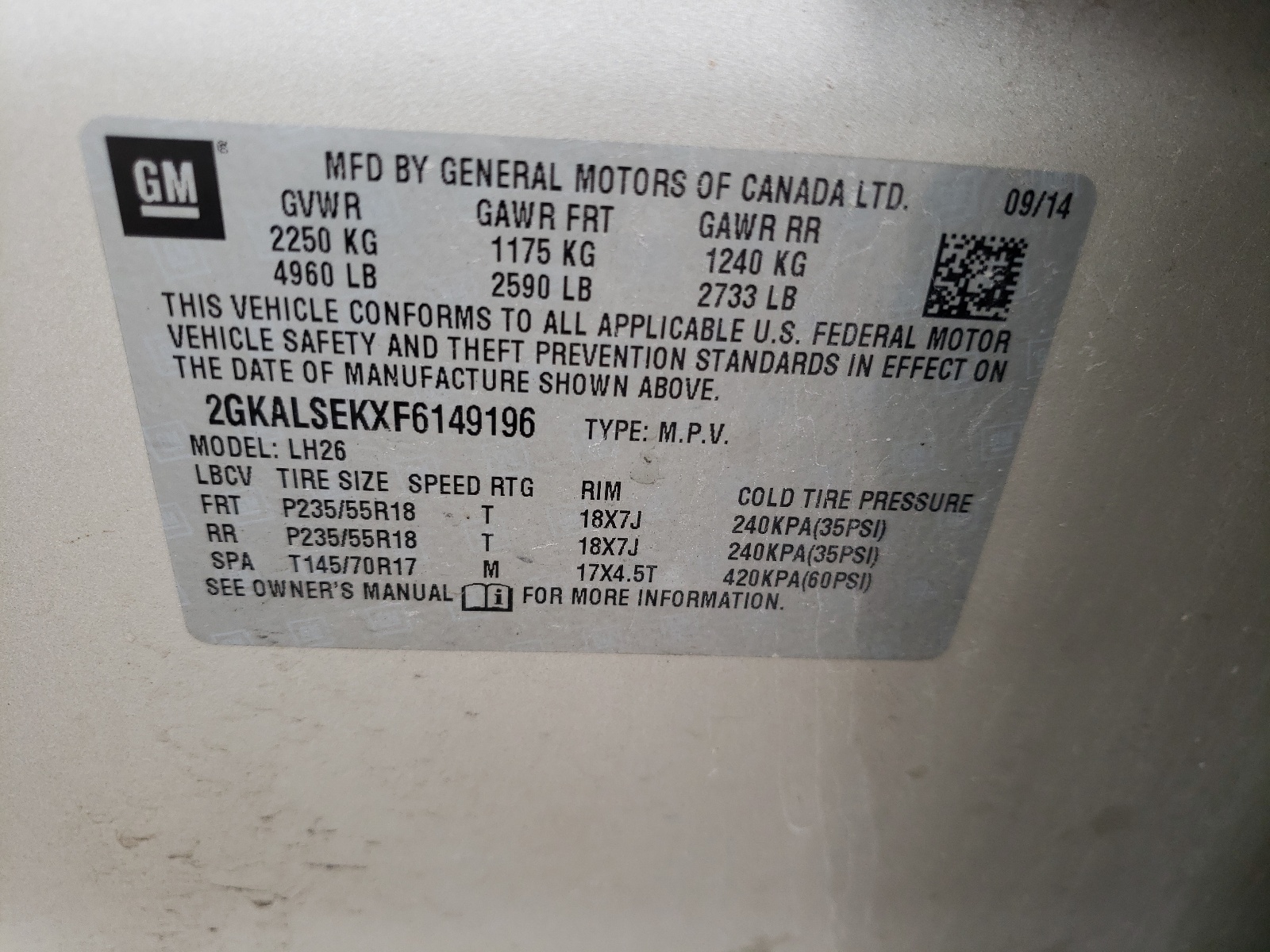 2GKALSEKXF6149196 2015 GMC Terrain Slt