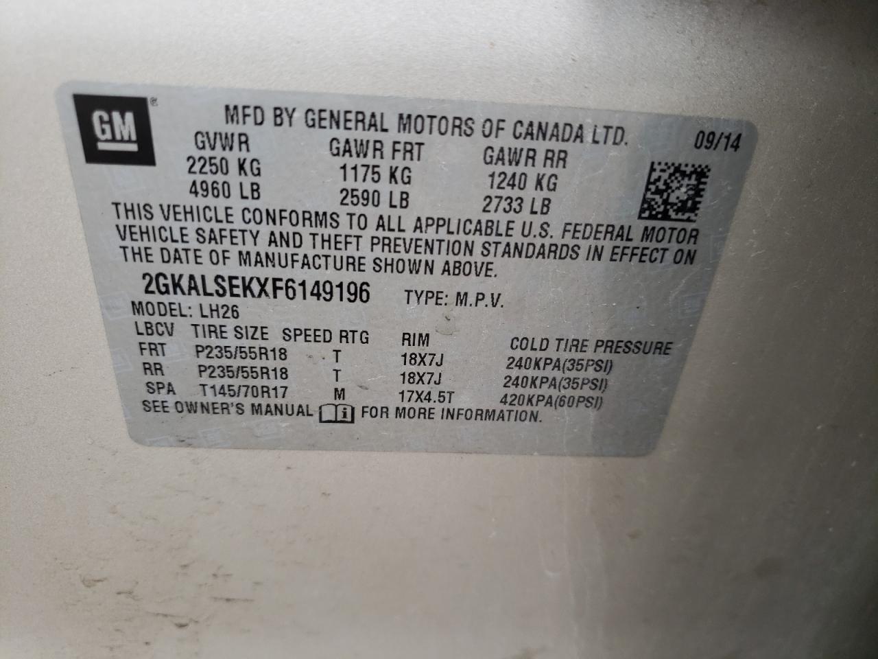 2015 GMC Terrain Slt VIN: 2GKALSEKXF6149196 Lot: 64823824