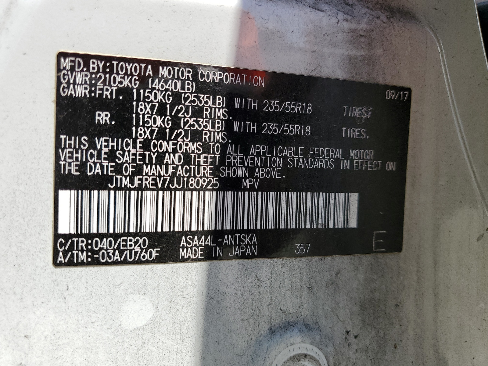 JTMJFREV7JJ180925 2018 Toyota Rav4 Se