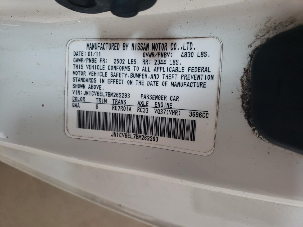 2011 Infiniti G37 VIN: JN1CV6EL7BM262293 Lot: 64451974