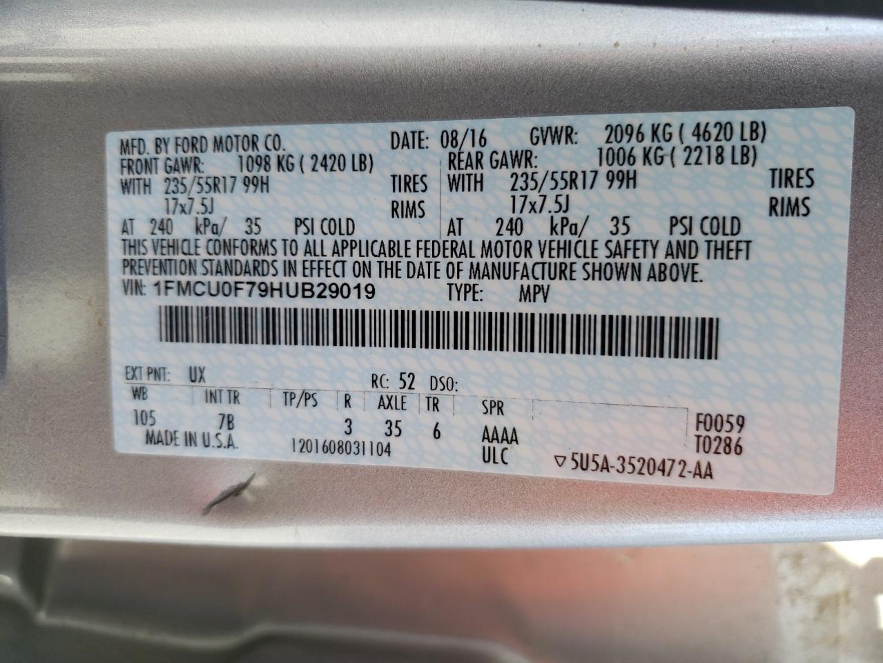 2017 Ford Escape S VIN: 1FMCU0F79HUB29019 Lot: 62518854