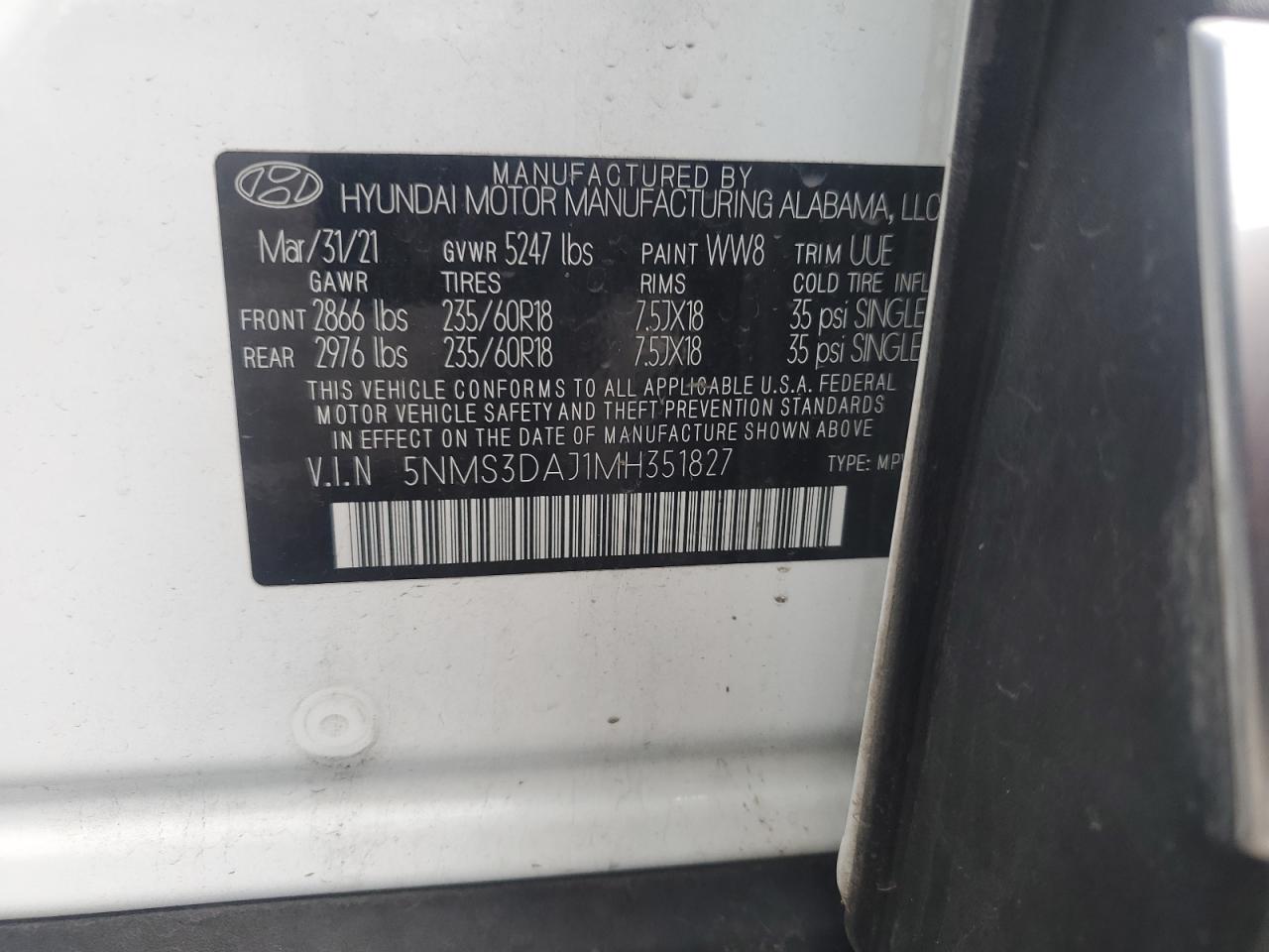 2021 Hyundai Santa Fe Sel VIN: 5NMS3DAJ1MH351827 Lot: 62770964