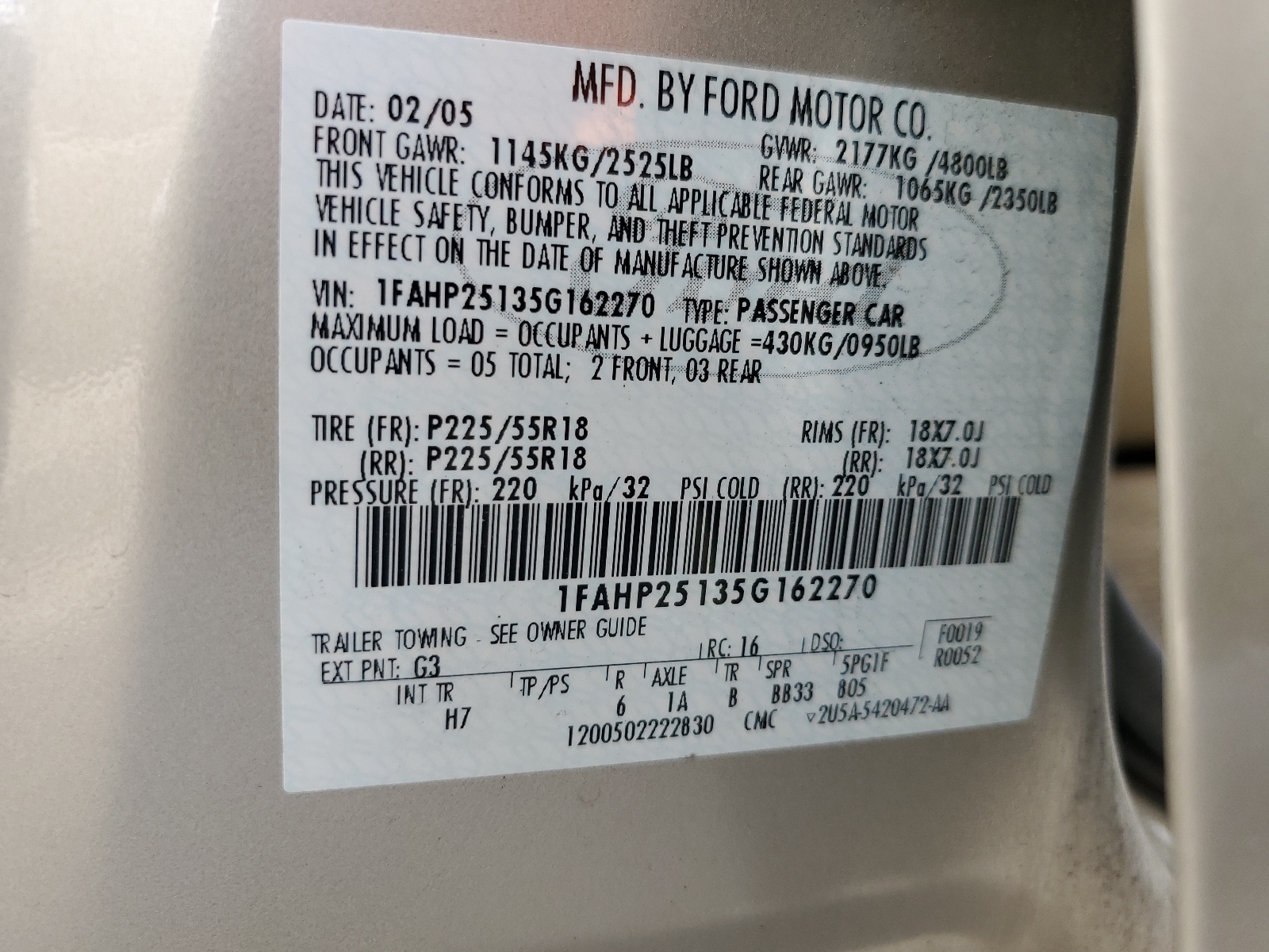 1FAHP25135G162270 2005 Ford Five Hundred Limited