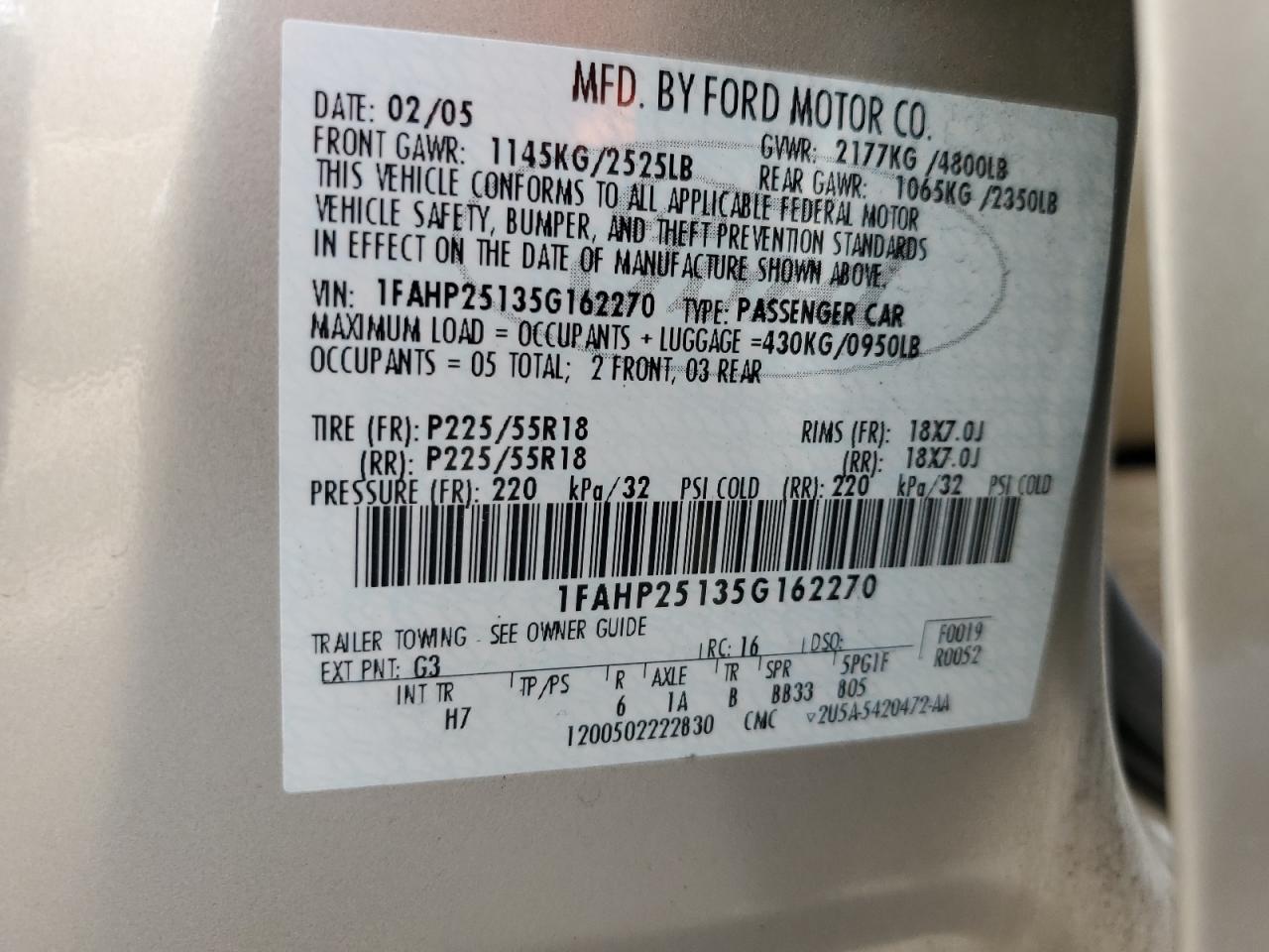 2005 Ford Five Hundred Limited VIN: 1FAHP25135G162270 Lot: 62431574