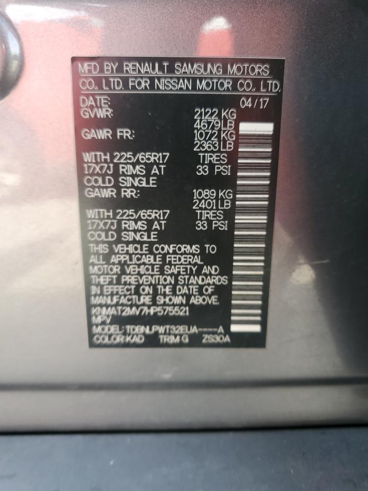 2017 Nissan Rogue S VIN: KNMAT2MV7HP575521 Lot: 63475854