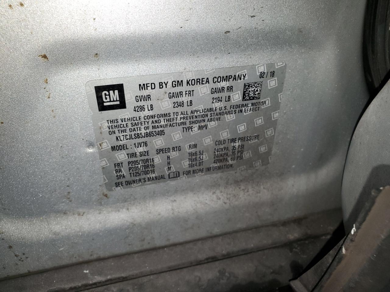 2018 Chevrolet Trax 1Lt VIN: KL7CJLSB5JB653405 Lot: 60685904