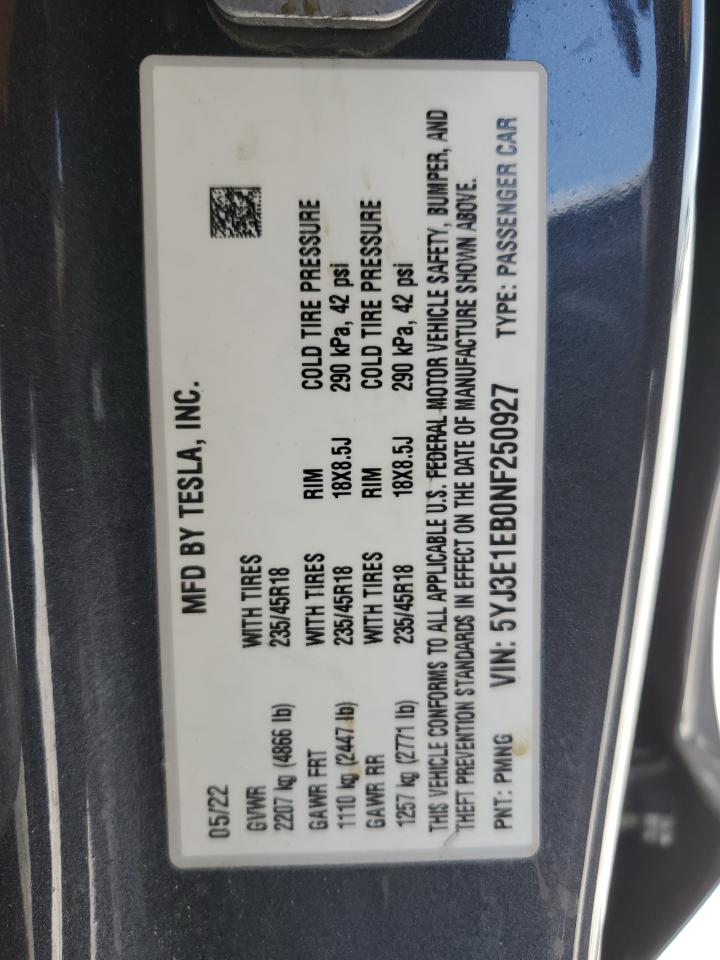 5YJ3E1EB0NF250927 2022 Tesla Model 3