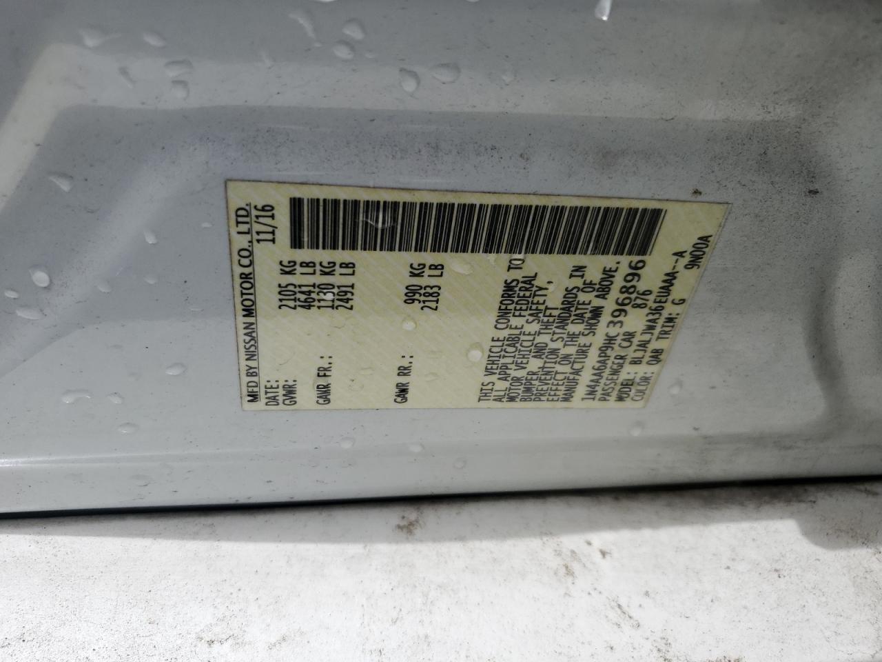 2017 Nissan Maxima 3.5S VIN: 1N4AA6AP9HC396896 Lot: 63705864