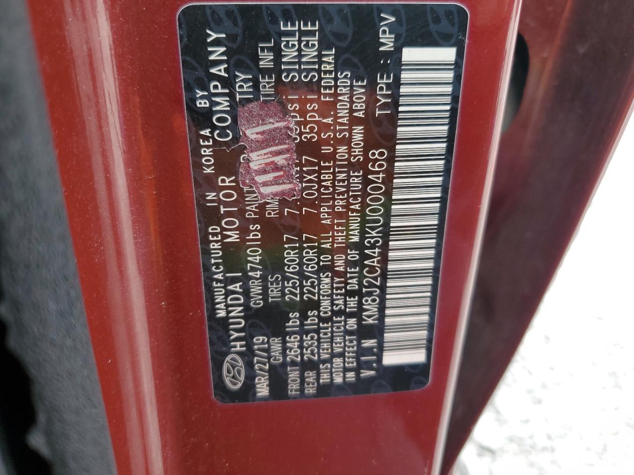 2019 Hyundai Tucson Se VIN: KM8J2CA43KU000468 Lot: 64106304