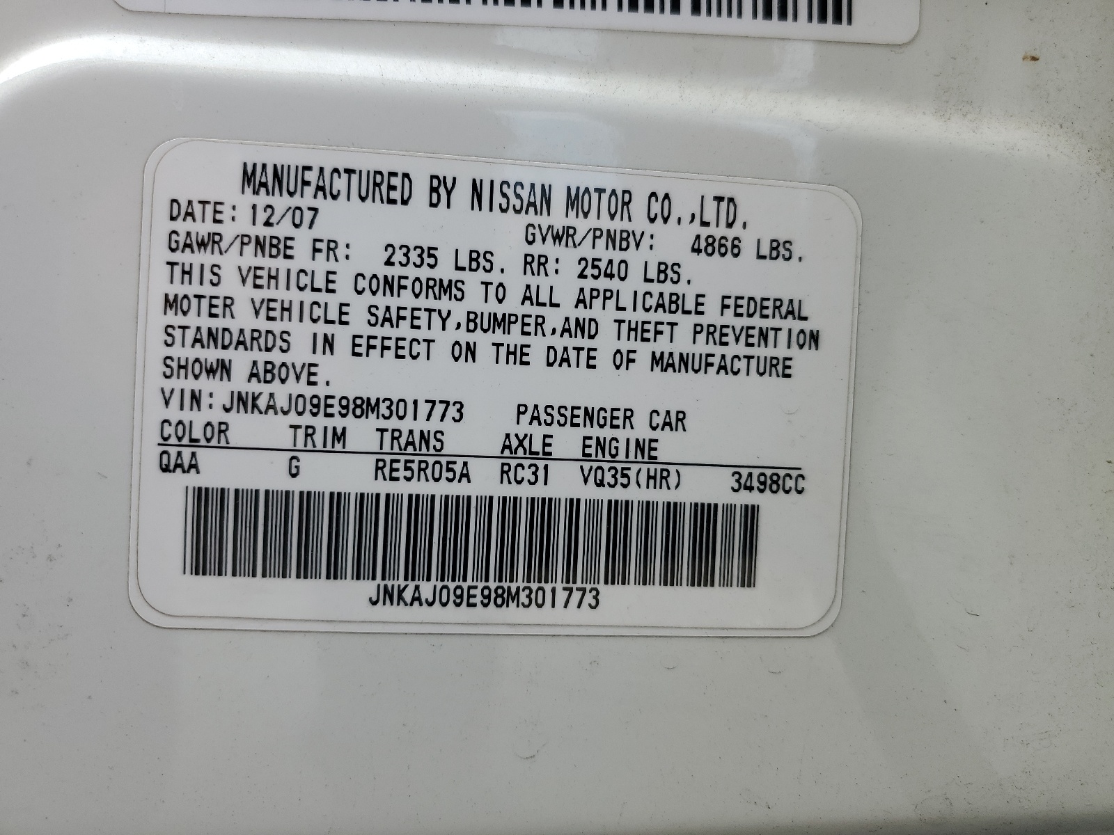 JNKAJ09E98M301773 2008 Infiniti Ex35 Base