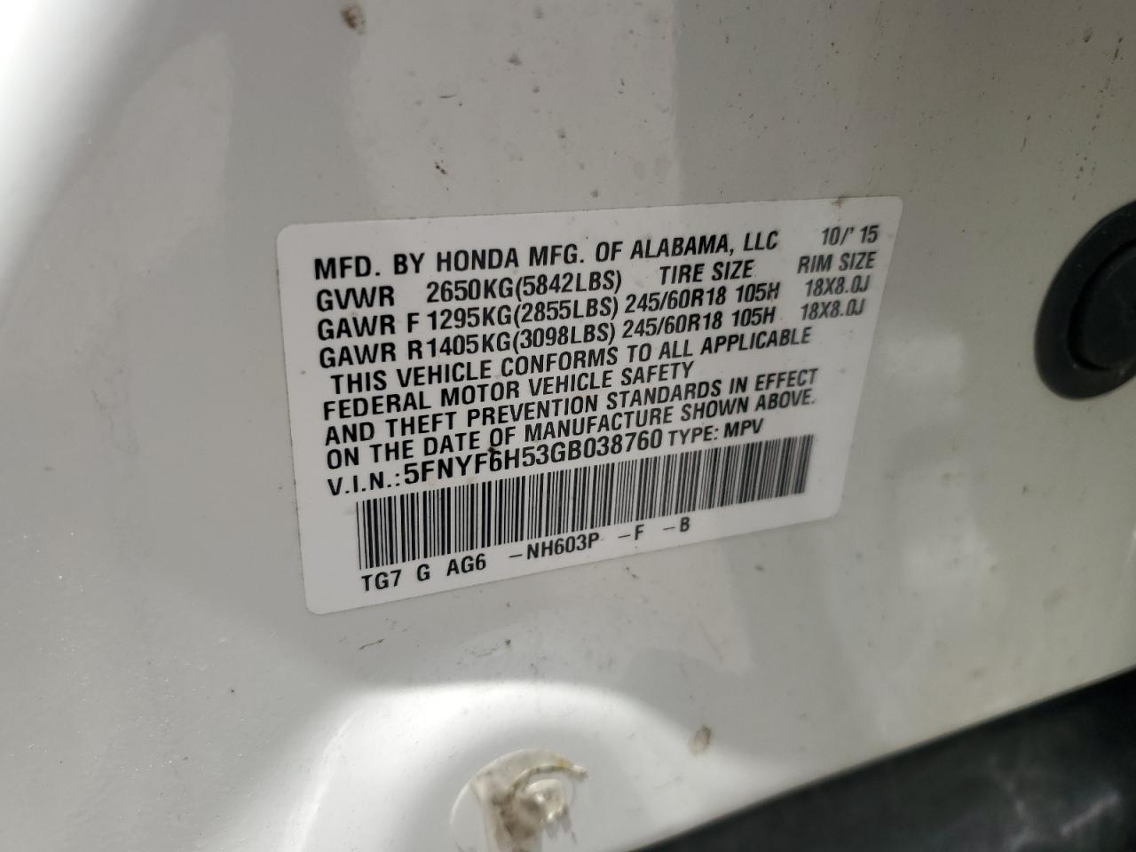 5FNYF6H53GB038760 2016 Honda Pilot Exl
