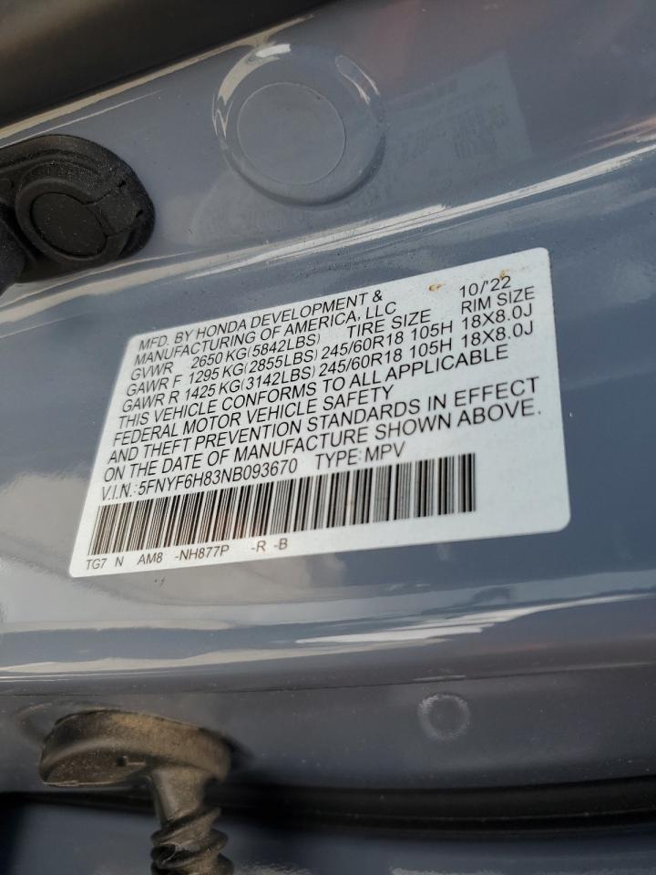 2022 Honda Pilot Trailsport VIN: 5FNYF6H83NB093670 Lot: 63581954