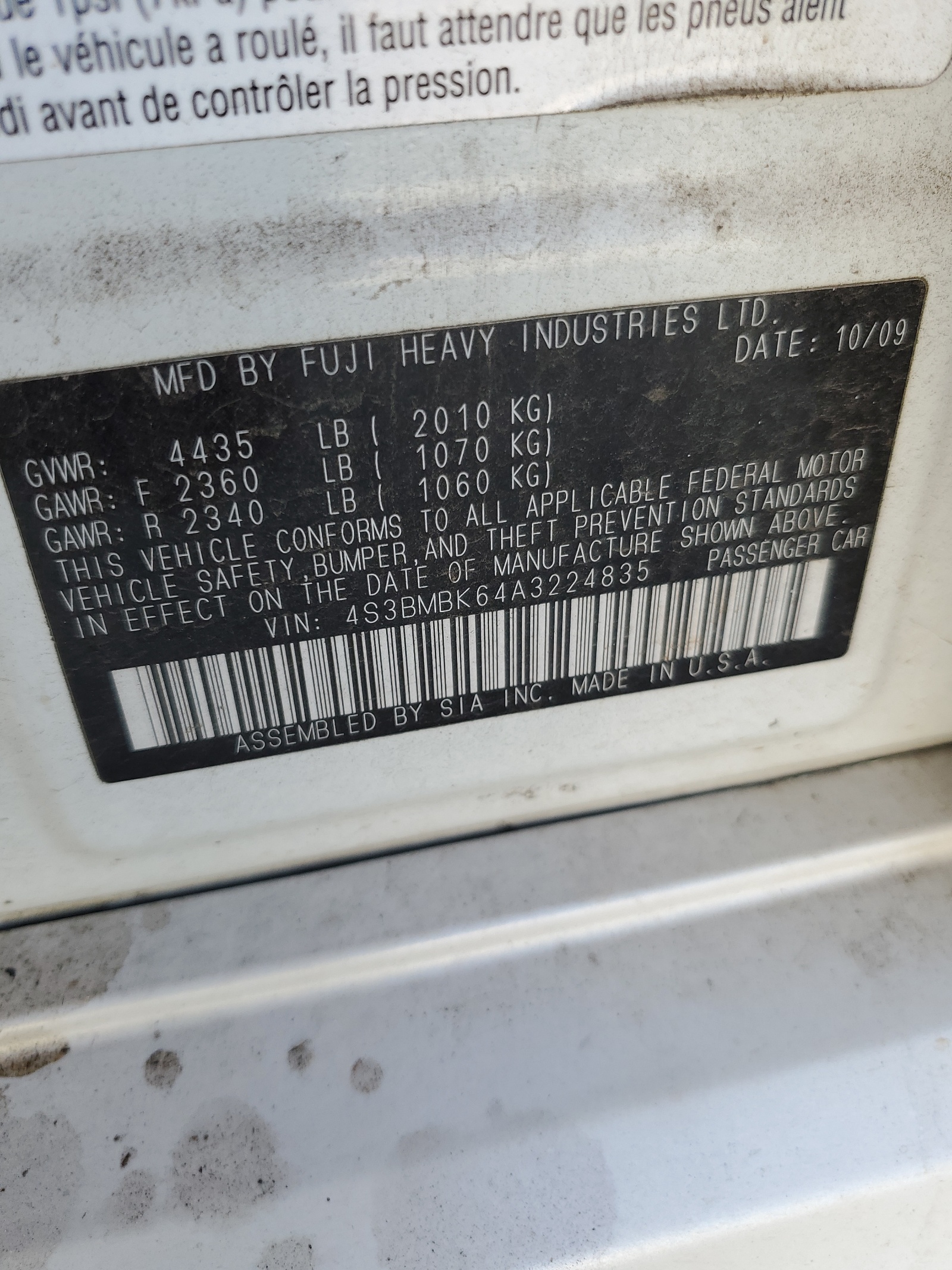 4S3BMBK64A3224835 2010 Subaru Legacy 2.5I Limited