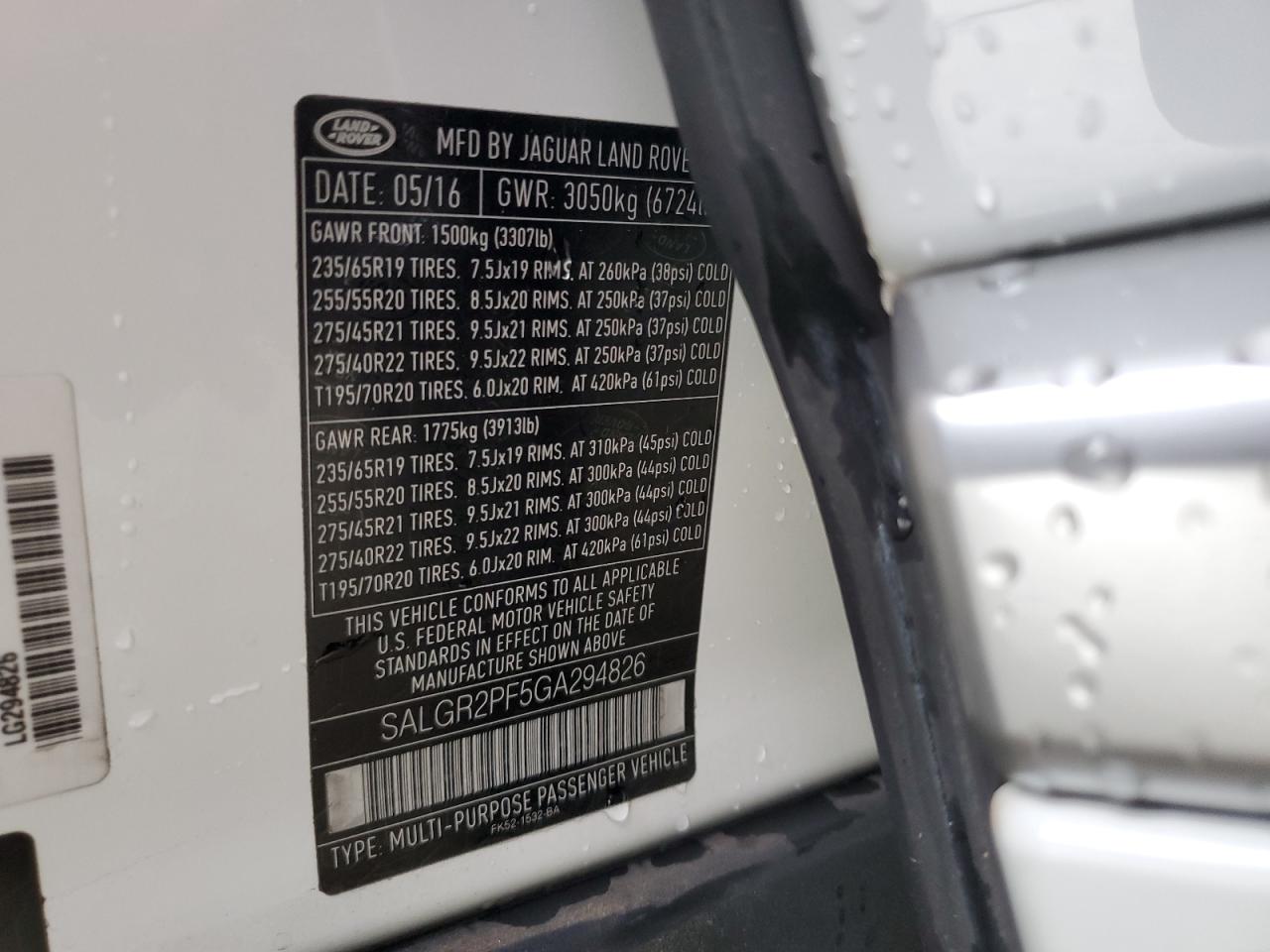 2016 Land Rover Range Rover VIN: SALGR2PF5GA294826 Lot: 64165584