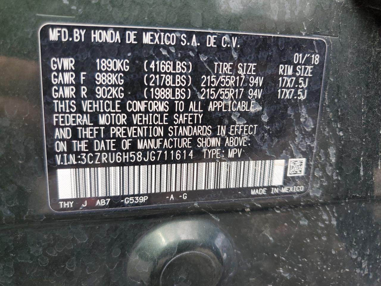 2018 Honda Hr-V Ex VIN: 3CZRU6H58JG711614 Lot: 62838424