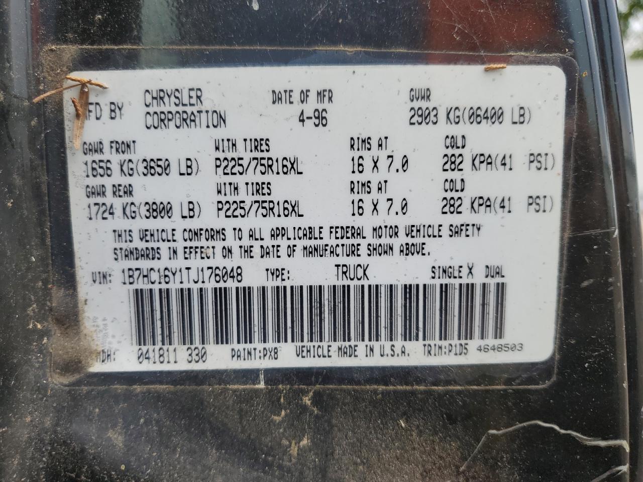 1996 Dodge Ram 1500 VIN: 1B7HC16Y1TJ176048 Lot: 63340624