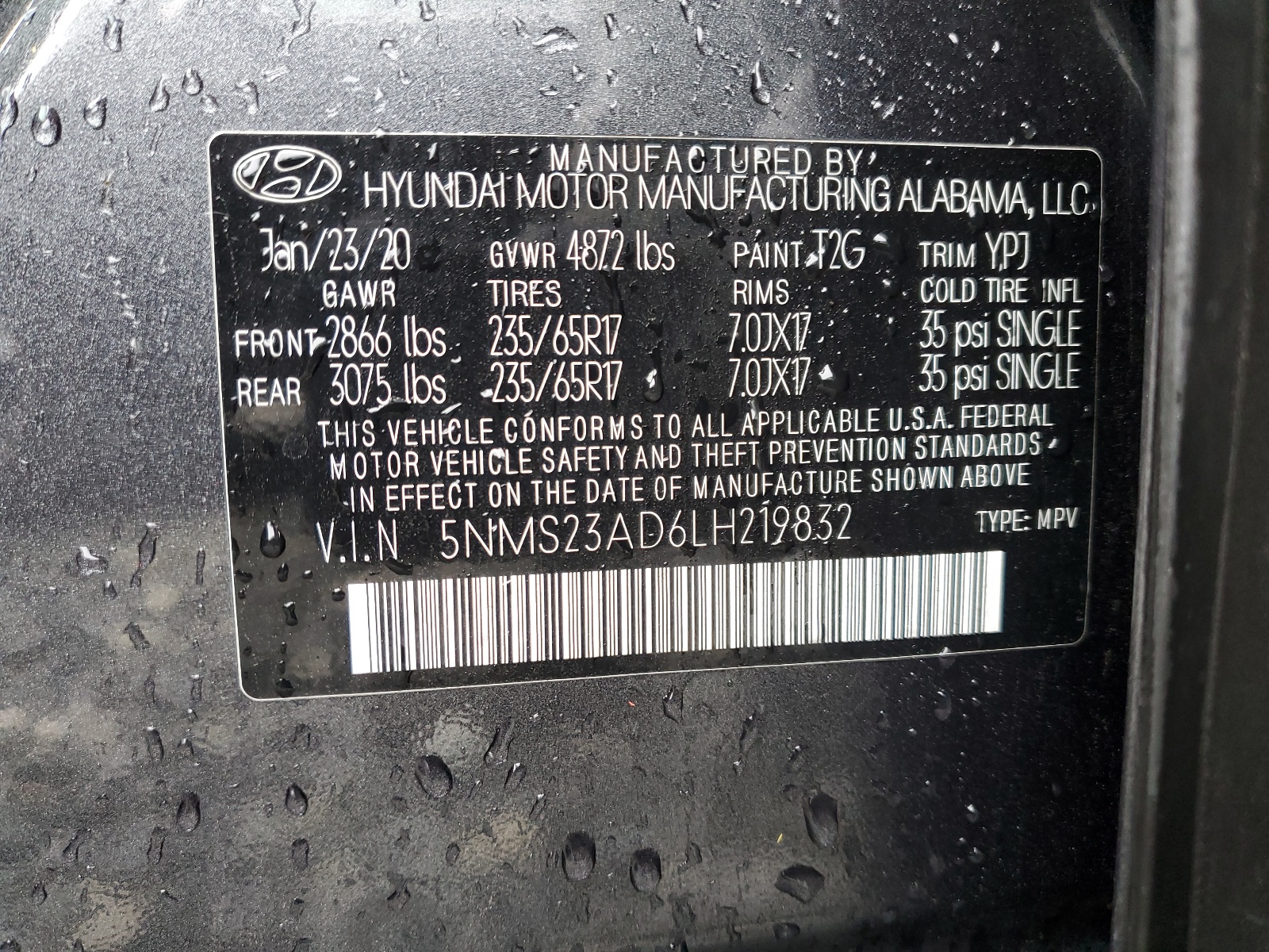 5NMS23AD6LH219832 2020 Hyundai Santa Fe Se