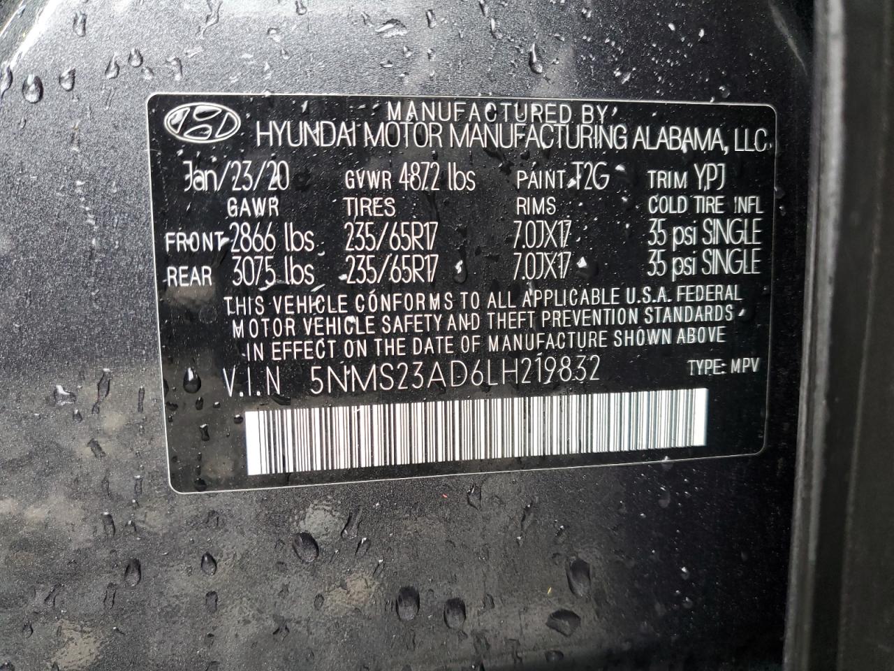 2020 Hyundai Santa Fe Se VIN: 5NMS23AD6LH219832 Lot: 65189254