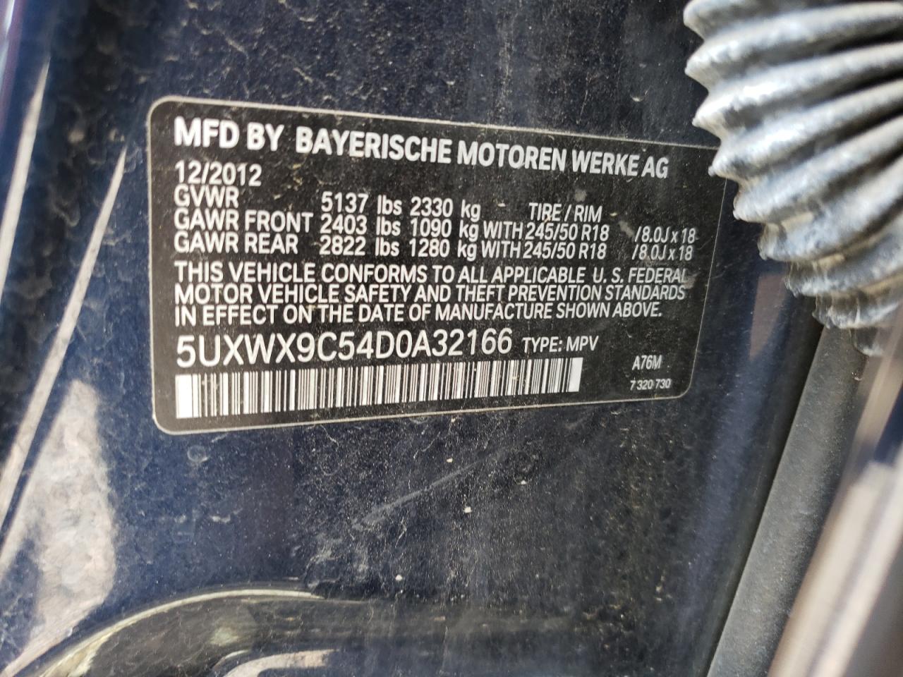 2013 BMW X3 xDrive28I VIN: 5UXWX9C54D0A32166 Lot: 63656774